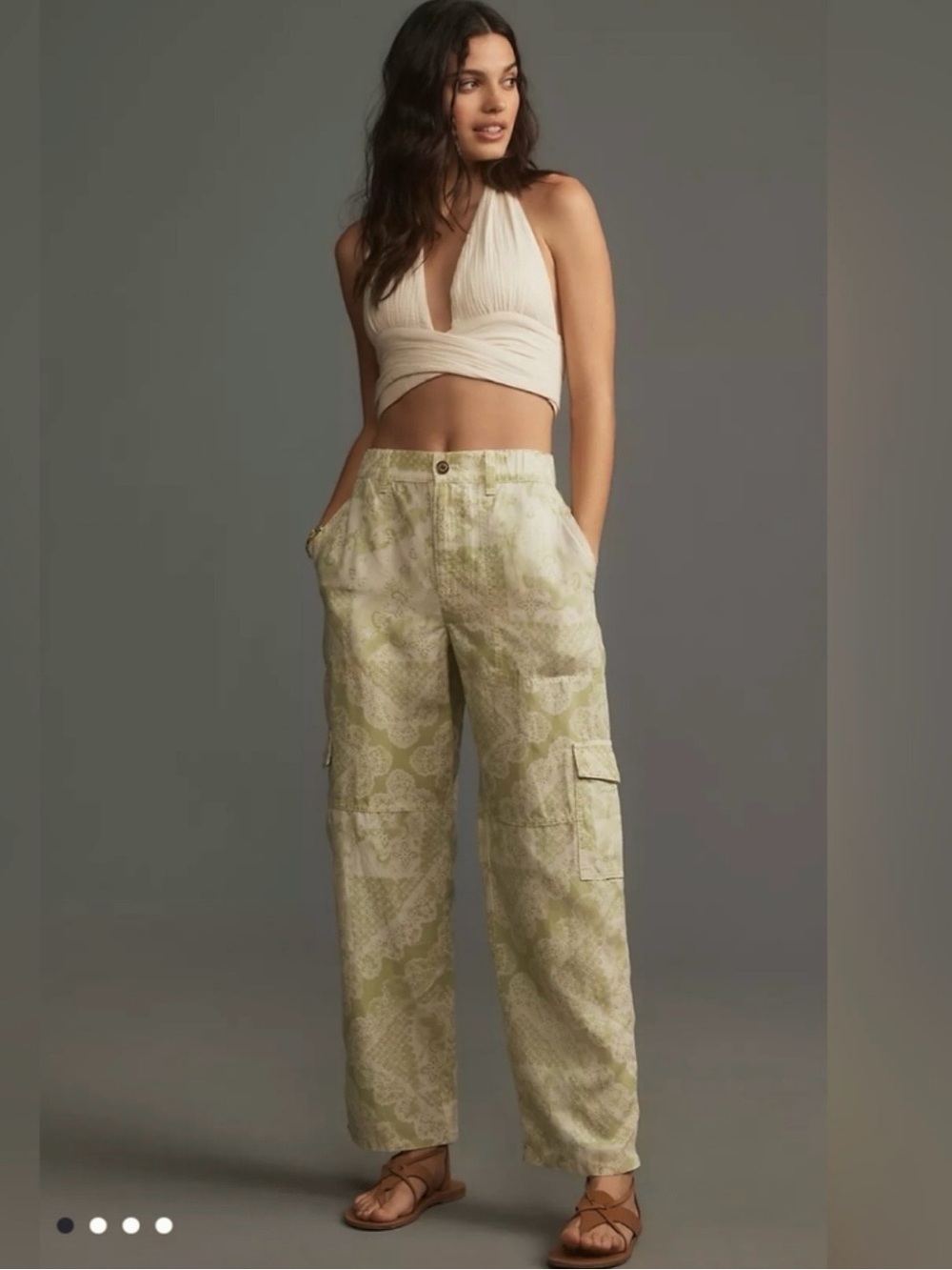 Anthropologie Pilcro Linen Blend Green Printed Wide Leg Cargo Pants
